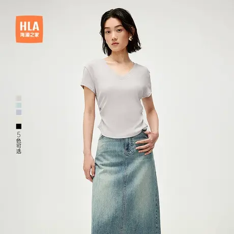 HLA/海澜之家休闲时尚短袖V领T恤2025春夏季新款微弹透气短t女装商品大图