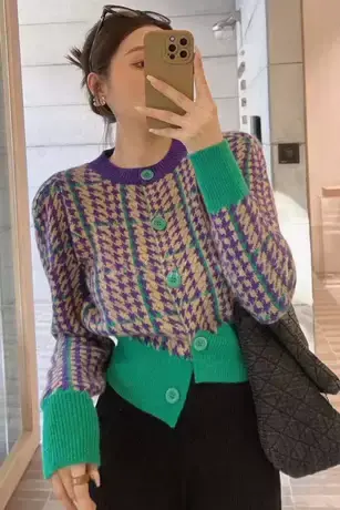 2023新款单排扣复古千鸟格毛衣气质百搭洋气上衣撞色设计感开衫女商品大图