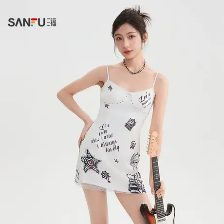 三福连衣裙2025夏季蕾丝下摆复古满版印花收腰裙子女装503843商品大图