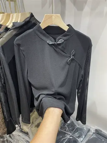 复古盘扣网纱长袖T恤女2023秋季新款洋气褶皱弹力亲肤打底衫上衣图片