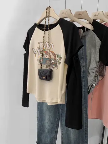 美式复古插肩长袖T恤女袖口破洞设计感大码显瘦ins潮胖mm遮肚上衣图片