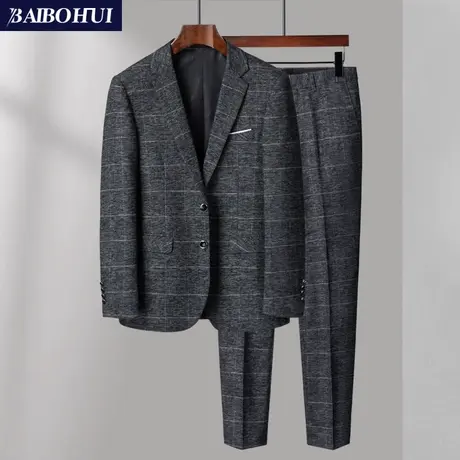 男士灰色格子西服套装三件套修身英伦复古潮流西装时尚新郎礼服男图片