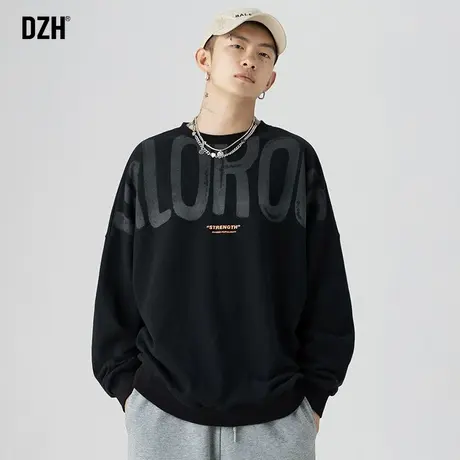 男士黑色圆领卫衣男宽松休闲印花套头衫2023春秋新款潮牌百搭上衣商品大图