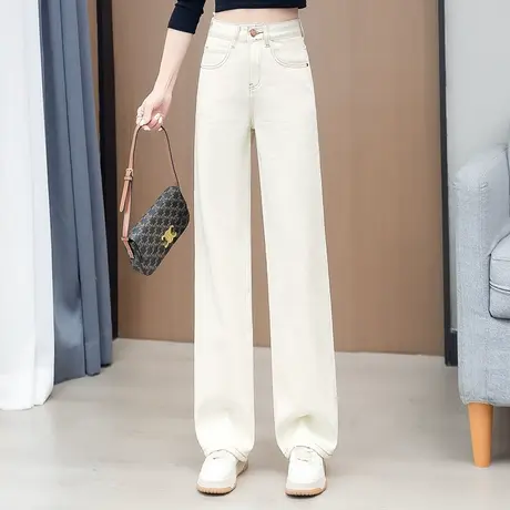 拉夏贝尔白色牛仔裤直筒裤女秋季2025新款高腰显瘦休闲窄版阔腿裤商品大图