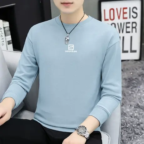 380g重磅纯棉卫衣男秋冬加绒加厚摇粒绒字母印花圆领无帽长袖t恤商品大图