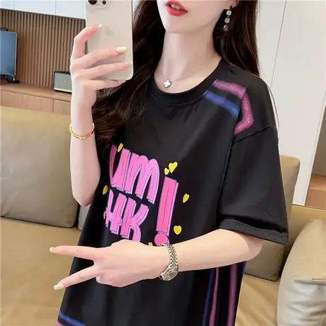 设计感小众小个子短袖t恤女夏季韩版宽松大码女装涂鸦半袖上衣服图片