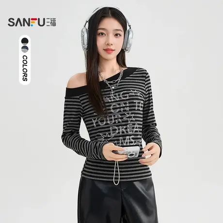 三福长T恤2025秋季复古英文星星印花斜肩合身上衣女装507456商品大图