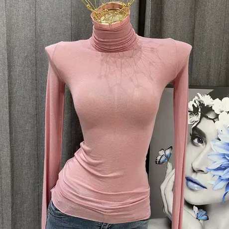 减龄少女粉色t恤上衣女2020秋冬简约气质纯色高领长袖打底衫ins图片