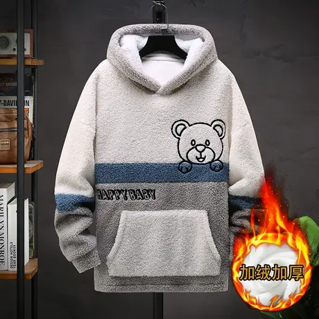 2023年秋冬季新款羊羔绒连帽卫衣男士加绒加厚上衣青少年学生外套商品大图