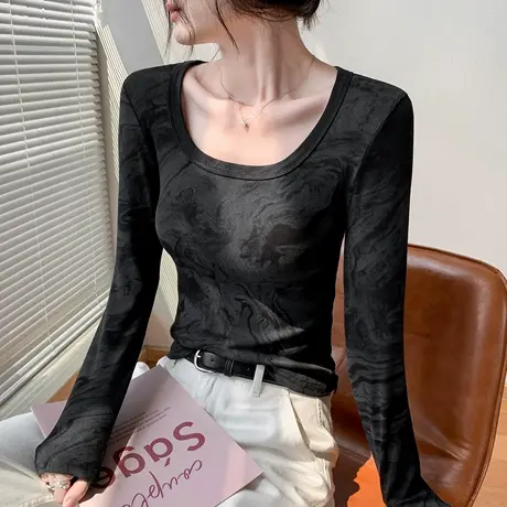方领扎染长袖T恤女秋季新款别致小众正肩修身显瘦上衣内搭打底衫商品大图