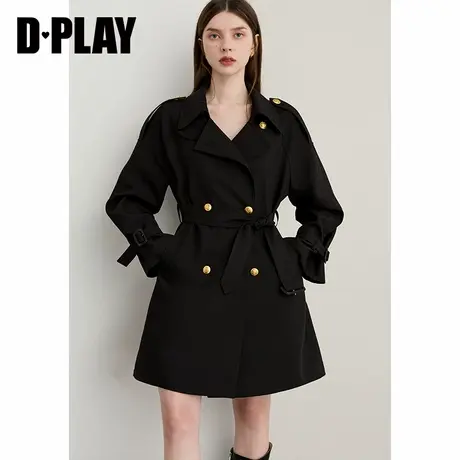 DPLAY2025年秋季新款黑色风衣外套女流行大气休闲宽松中长款大衣商品大图