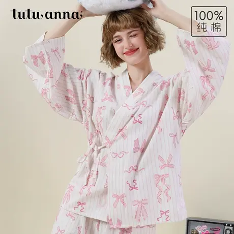 tutuanna秋冬全棉睡衣女磨毛竖条纹蝴蝶结满印长袖和服家居服套装商品大图