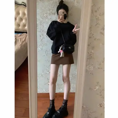 美式圆领短款卫衣女2025新款爆款黑色宽松超好看的小个子长袖上衣商品大图