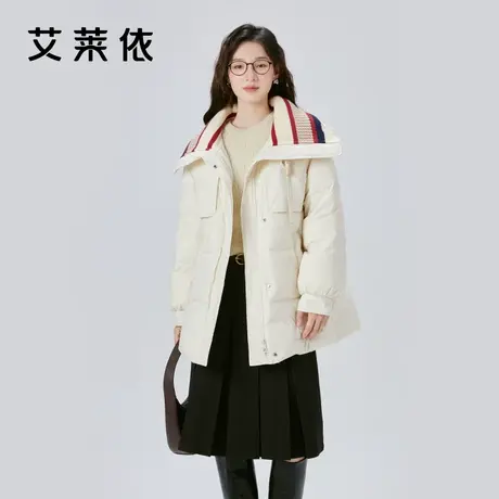 艾莱依针织领羽绒服女2023新款设计感拼接时尚短款翻领鸭绒外套冬商品大图
