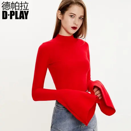 DPLAY德帕拉春新品欧美酒红色套头喇叭袖显瘦打底针织衫商品大图
