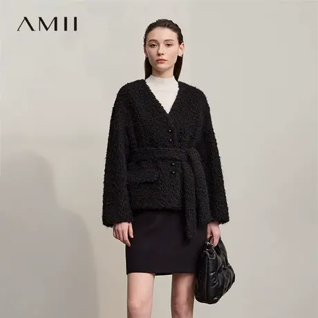 Amii2025冬新款轻奢宽松短款环保皮草卷绒麂皮绒一体配腰带外套女商品大图