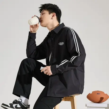 唐狮春秋款男翻领三条杠文字绣花长袖运动宽松休闲百搭衬衫男潮TD商品大图