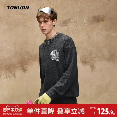 唐狮2026冬季男士毛衣新款圆领净色肌理花纱针织衫设计感上衣宽松图片