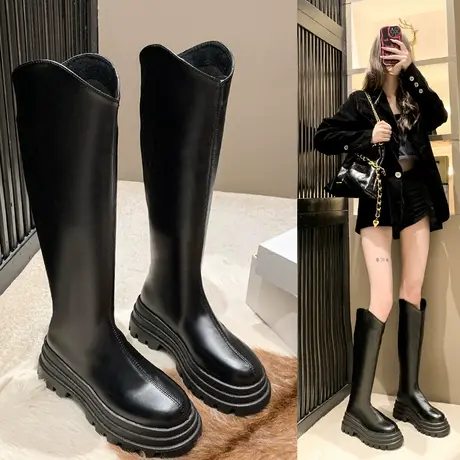 厚底长筒靴女小个子粗腿秋冬季加绒长靴子高跟显瘦V口高筒骑士靴商品大图