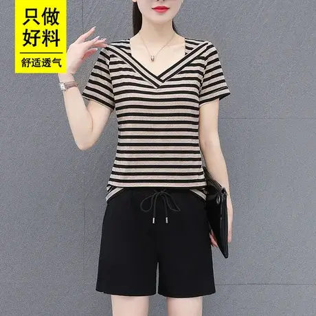 恋上17号纯棉短袖运动服套装女夏季2023新款妈妈宽松显瘦休闲短裤商品大图