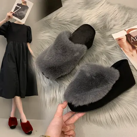 毛毛拖鞋女外穿秋冬季超高跟坡跟厚底包头半拖鞋女鞋毛绒鱼嘴棉拖商品大图