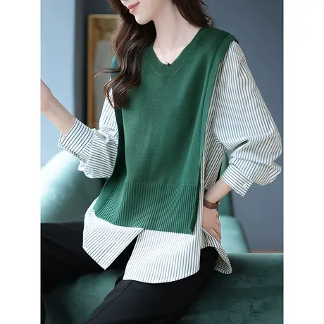 宝诗黎圆领针织拼接竖条纹假两件衬衫女长袖套头上衣2023秋季新款商品大图