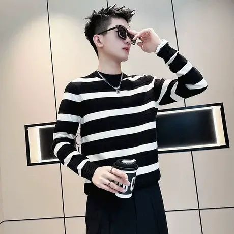 冬季ins撞色条纹针织衫秋冬款休闲百搭套头毛衣青年打底线衣体恤商品大图