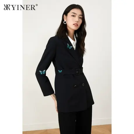 YINER音儿商场同款女装2021秋季新款蝴蝶绣花西装领短外套商品大图