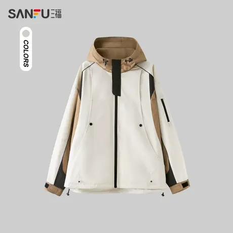 三福2023冬男士不规则拼接撞色长棉衣 宽松连帽外套男477982商品大图