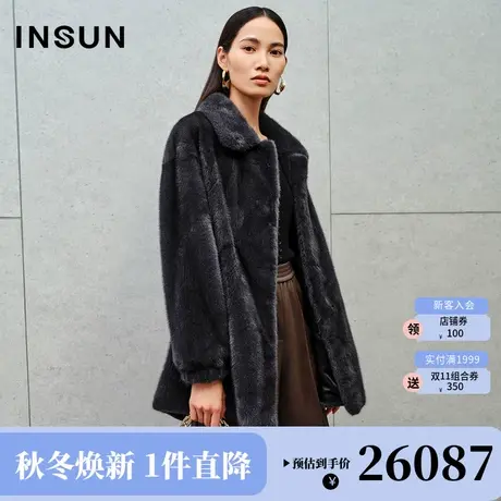 恩裳2023冬装新款深灰色银兰貂舒适软糯貂皮大衣收腰抽绳皮草外套商品大图