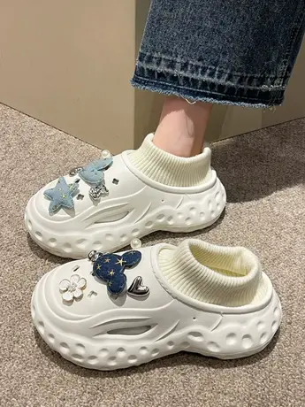 加绒洞洞鞋女2023新款外穿厚底增高束口保暖女款防滑棉拖鞋女士冬商品大图