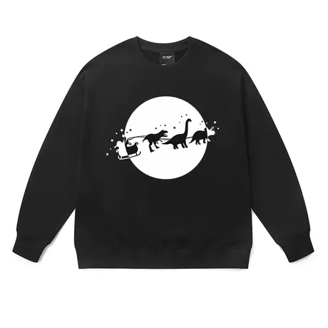 国潮牌套头卫衣男趣味雪橇恐龙印花学生小众简约宽松透气加绒上衣商品大图