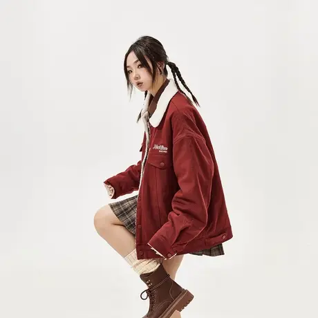 复古红色拼接保暖棉服女冬季加厚外套2023年新款宽松oversize棉衣商品大图