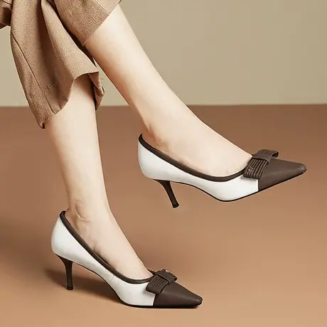 2023年夏季新款真皮百搭女鞋尖头小细跟软皮单鞋搭配优雅蝴蝶结商品大图