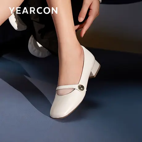 意尔康方头晚晚风文艺粗跟单鞋女2024年仙女复古真皮通勤奶奶鞋女商品大图