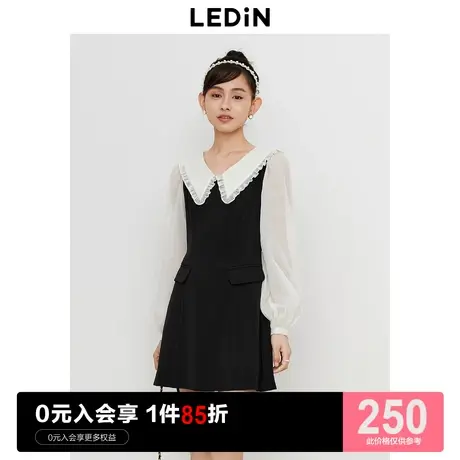 乐町V领连衣裙23年秋季新款黑白撞色连衣裙荷叶边尖领通勤连衣裙图片