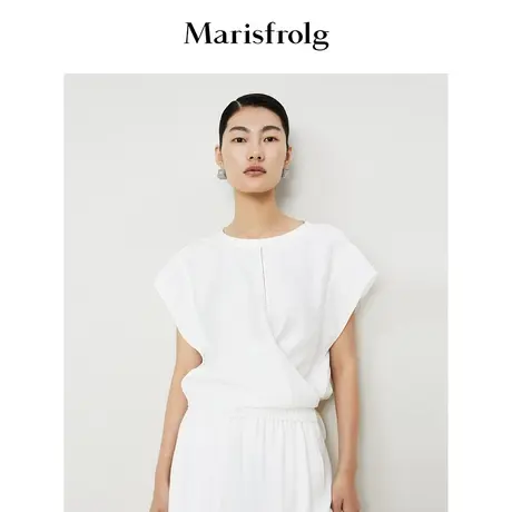 【商场同款】玛丝菲尔夏季新款白色醋纤侧身飘带短款T恤女商品大图
