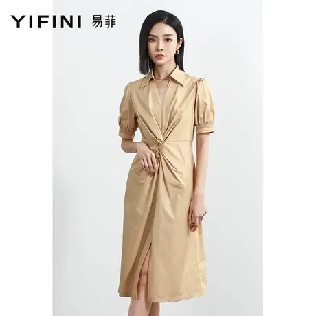 Yifini/易菲法式复古泡泡短袖收腰衬衫裙女23夏季新款收腰连衣裙图片