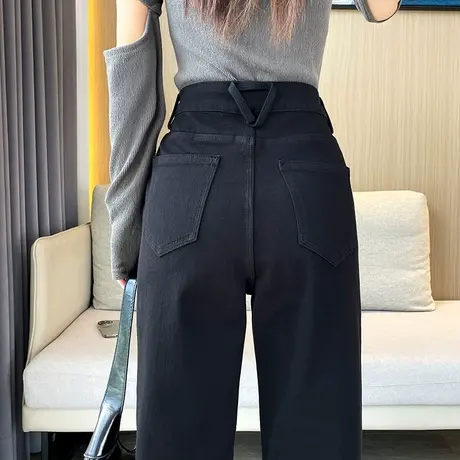 黑色九分高腰直筒牛仔裤女2024秋季新款宽松显瘦小个子法棍烟管裤图片