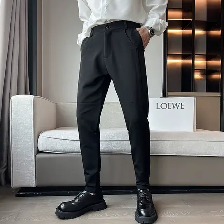 秋季时尚纯色韩版修身男士休闲裤百搭青年个性小脚裤潮流痞帅西裤商品大图