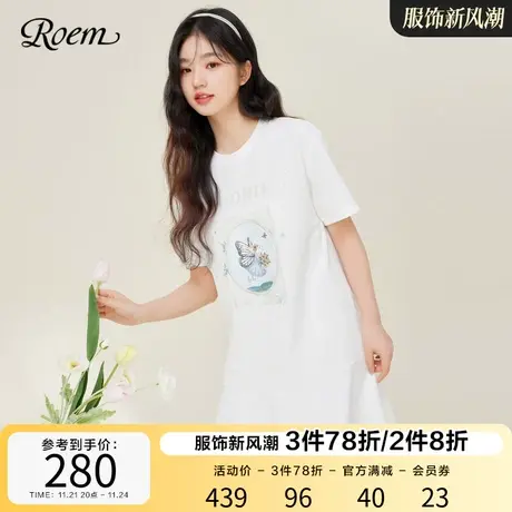 ROEM商场同款慵懒风时尚休闲荷叶边连衣裙2023春夏新款短袖T恤裙图片