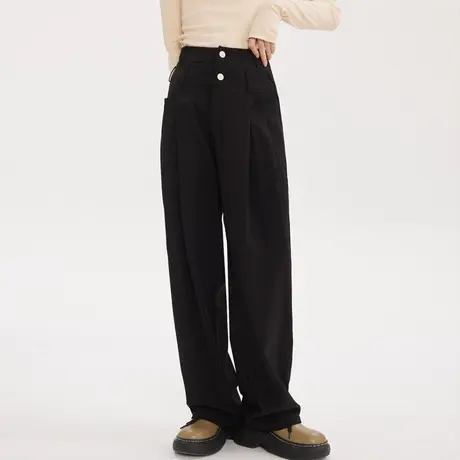 尔给双裤腰显瘦黑色复古高腰直筒阔腿休闲裤女收腰小众设计感裤子图片