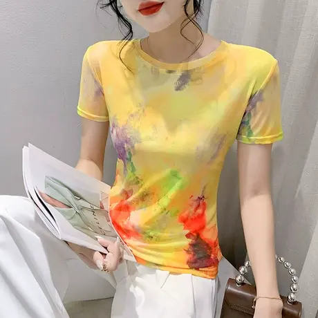 欧货网纱短袖T恤女2023夏装新款时尚洋气印花上衣修身圆领小衫潮商品大图