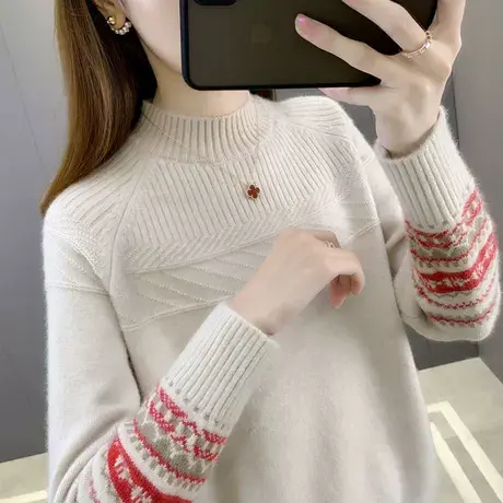 复古半高领软糯毛衣女宽松外穿2023年新款秋冬洋气打底衫上衣加厚商品大图