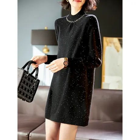 宝诗黎半高领钉钻亮丝羊毛针织衫2024春季新款长袖套头中长款毛衣商品大图