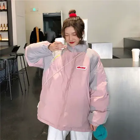 美式休闲拼色立领棉服男冬款情侣潮牌保暖工装棉衣女休闲外套棉袄图片