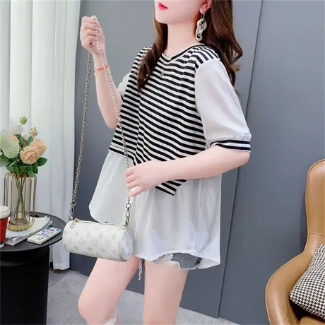 假两件圆领拼接短袖衬衫女2023年新款夏季宽松洋气减龄小清新上衣商品大图