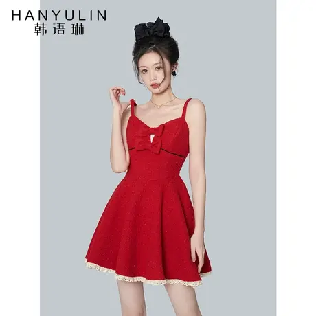韩语琳红色吊带连衣裙女春装新款富家千金短裙子新年战袍两件套装图片
