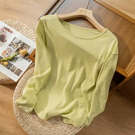 长袖T恤纯色宽松休闲上衣文艺复古百搭落肩打底衫女2024秋季新款商品大图