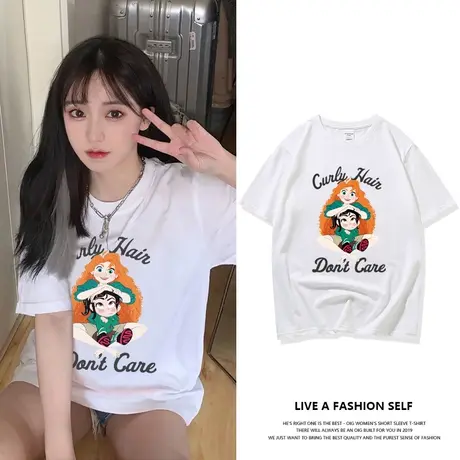 白色短袖t恤女2023年夏季新款美式复古纯棉宽松圆领正肩上衣ins潮商品大图